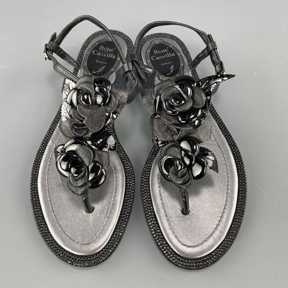 RENE CAOVILLA Size 4 Black Leather Rose T Strap Crystal Studded Sandals - Picture 1 of 9